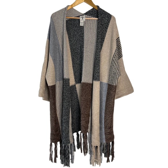 Rain + Rose Sweater Womens Large Gray Knit Cardigan Colorblock Fringe Fall - Picture 1 of 7